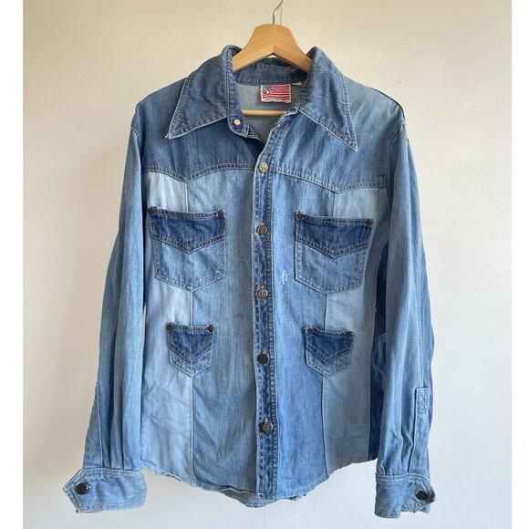 Vtg 70's Patchwork Denim Button Up Jacket Shirt Size L Western Double Pockets - Picture 1 of 10